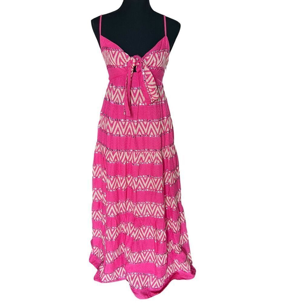 Saylor XS Artura Watermelon pink woven tan zigzag midi maxi dress mirror trim